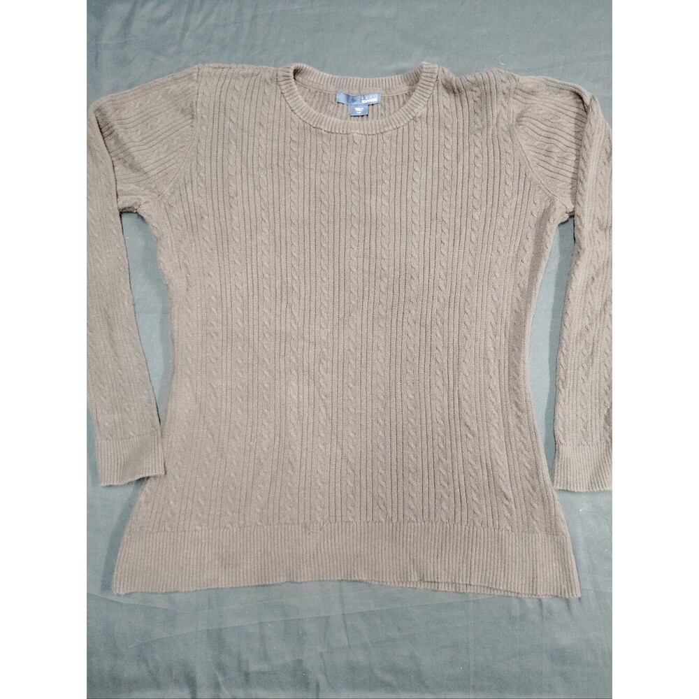 Basic Editions Women's Brown Cable-Knit Crewneck Sweater
